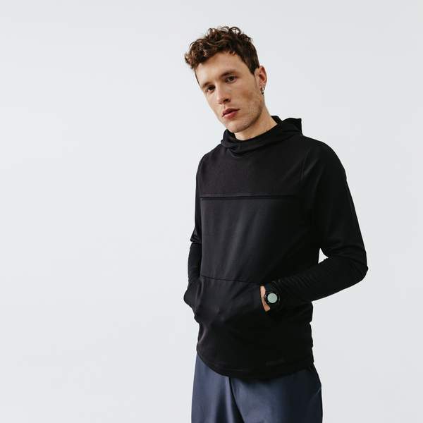 Лонгслив для бега с капюшоном мужской черный RUN DRY+ FEEL Kalenji