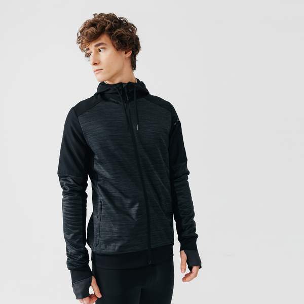 Толстовка для бега на молнии с карманом для смартфона мужская черная WARM + Kalenji